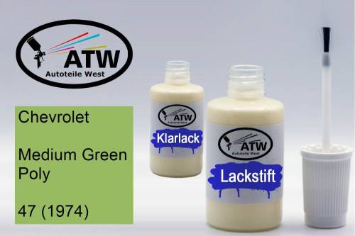 Chevrolet, Medium Green Poly, 47 (1974): 20ml Lackstift + 20ml Klarlack - Set, von ATW Autoteile West.